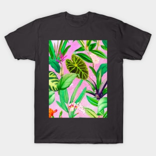 Stylish Tropical floral leaves and foliage botanical illustration, botanical pattern, tropical plants, pink leaves pattern over a T-Shirt